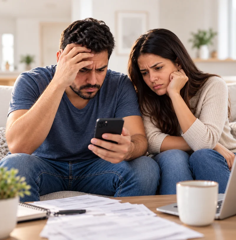 Casal preocupado olhando imóveis no celular
